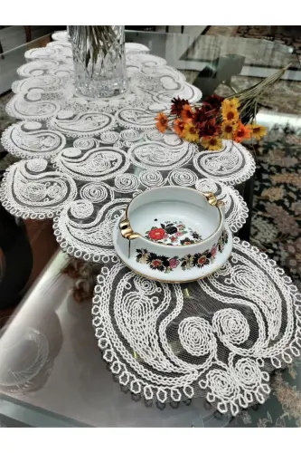 Damla 5 Parça Lüks Runner Salon Oda Sehpa Masa Örtü Takımı Fransız Güpürlü Çeyizlik Set Ekru-Ekru - 4