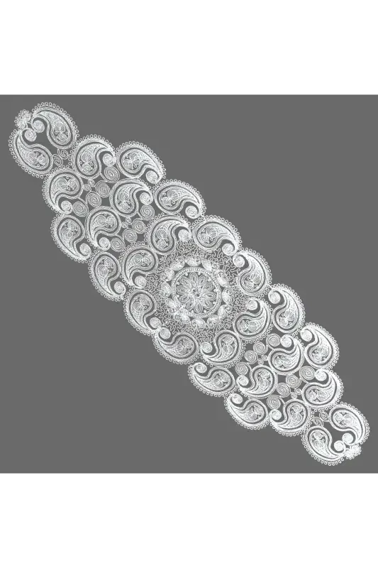 Damla 5 Parça Lüks Runner Salon Oda Sehpa Masa Örtü Takımı Fransız Güpürlü Çeyizlik Set Ekru-Ekru - 3