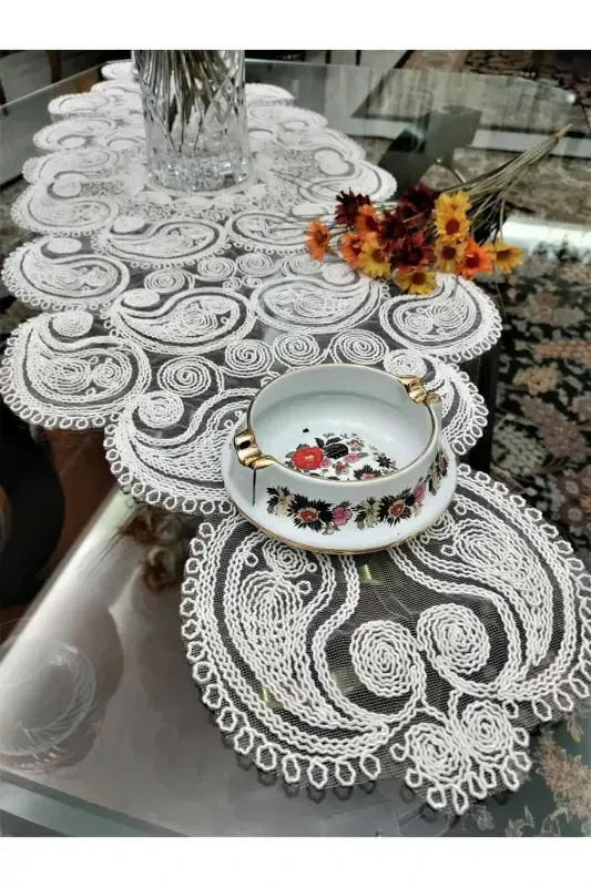 Damla 5 Parça Lüks Runner Salon Oda Sehpa Masa Örtü Takımı Fransız Güpürlü Çeyizlik Set Ekru-Ekru - 4