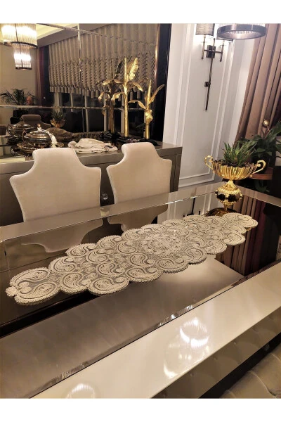 Damla 5 Parça Lüks Runner Salon Oda Sehpa Masa Örtü Takımı Fransız Güpürlü Çeyizlik Set Kapiçino - CAMİNHO DA LUA (1)