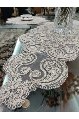Damla 5 Parça Lüks Runner Salon Oda Sehpa Masa Örtü Takımı Fransız Güpürlü Çeyizlik Set Kapiçino - Kapiçino - 1