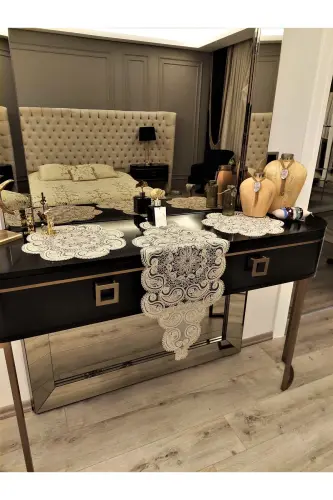 Damla 5 Parça Lüks Runner Salon Oda Sehpa Masa Örtü Takımı Fransız Güpürlü Çeyizlik Set Kapiçino - Kapiçino - 7