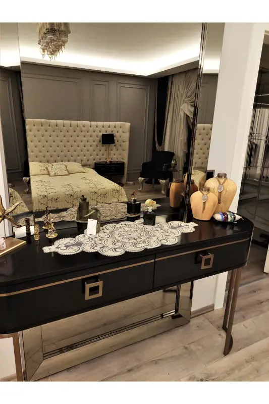 Damla 5 Parça Lüks Runner Salon Oda Sehpa Masa Örtü Takımı Fransız Güpürlü Çeyizlik Set Kapiçino - Kapiçino - 8