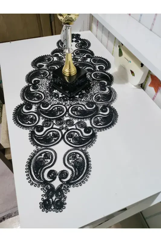 Damla 5 Parça Lüks Runner Salon Oda Sehpa Masa Örtü Takımı Fransız Güpürlü Çeyizlik Set-Siyah - 6