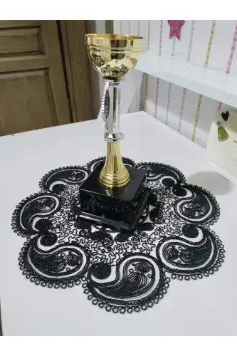 Damla 5 Parça Lüks Runner Salon Oda Sehpa Masa Örtü Takımı Fransız Güpürlü Çeyizlik Set-Siyah - 8