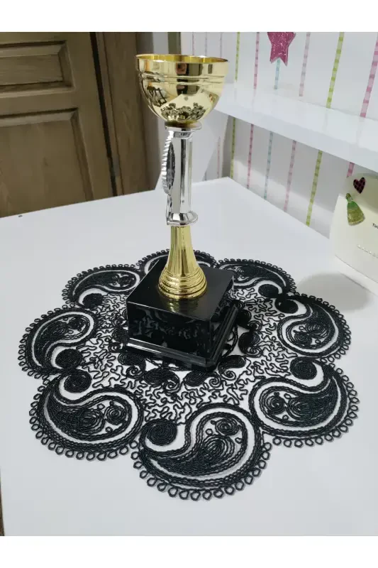 Damla 5 Parça Lüks Runner Salon Oda Sehpa Masa Örtü Takımı Fransız Güpürlü Çeyizlik Set-Siyah - 8