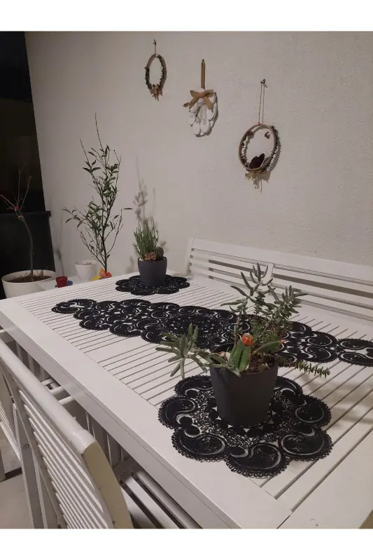 Damla 5 Parça Lüks Runner Salon Xona Stol Choyxona Dasturxon Jamoasi Frantsuz Gipyurlari Sepi - Qora - 2