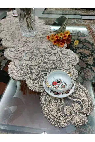 Damla 5 Parcha Hashamatli Yuguruvchi Salon Xona Stol Stol Yopish Seti Frantsuz Guipureli Sep Suti Qahva-Sutlikahva - 3