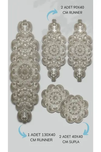 Damla 5 Parcha Hashamatli Yuguruvchi Salon Xona Stol Stol Yopish Seti Frantsuz Guipureli Sep Suti Qahva-Sutlikahva - 8
