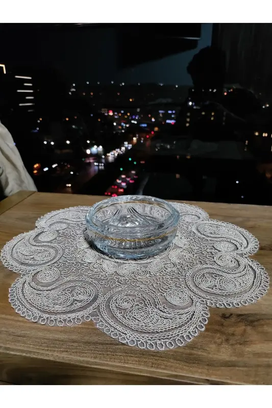 Damla 5 Piece Luxury Runner Living Room Coffee Table Tablecloth Set French Guipure Dowry Set Cappuccino - 2