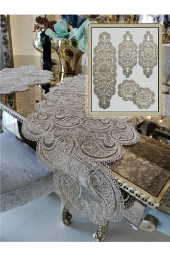 Damla 5 Piece Luxury Runner Living Room Coffee Table Tablecloth Set French Guipure Dowry Set Cappuccino - 5