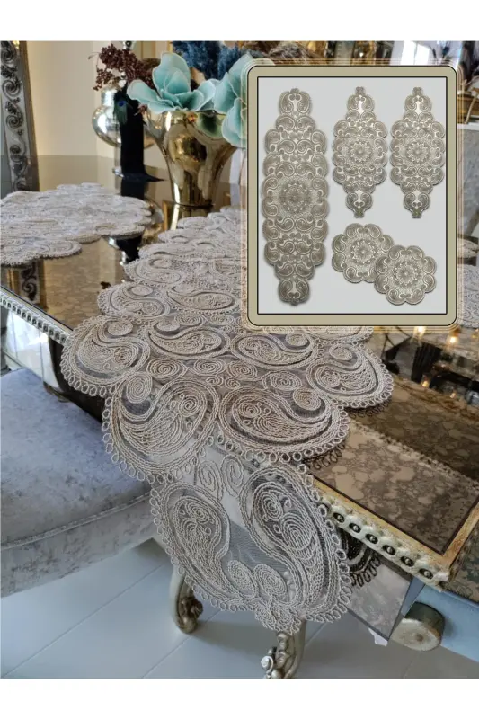 Damla 5 Piece Luxury Runner Living Room Coffee Table Tablecloth Set French Guipure Dowry Set Cappuccino - 5