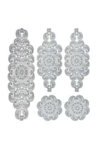 Damla 5 Piece Luxury Runner Living Room Coffee Table Tablecloth Set French Guipure Dowry Set Gray 