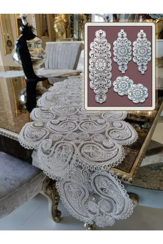 Damla 5 Piece Luxury Runner Living Room Coffee Table Tablecloth Set French Lace Dowry Set Cream - 4