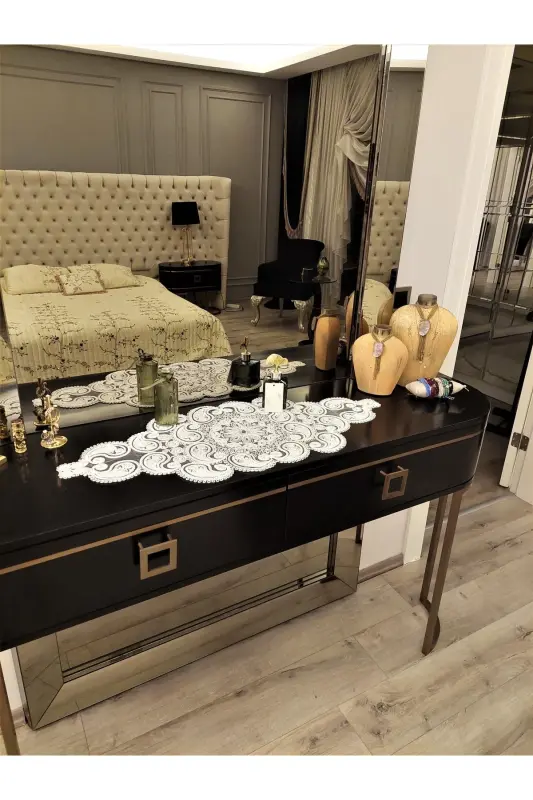 Damla 5 Piece Luxury Runner Living Room Coffee Table Tablecloth Set French Lace Dowry Set Cream - 7