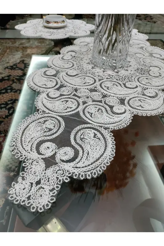 Damla 5 Piece Luxury Runner Living Room Coffee Table Tablecloth Set French Lace Dowry Set Cream - 9
