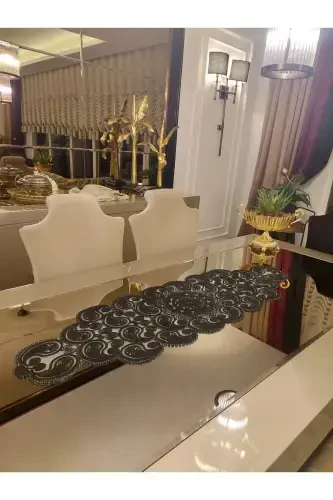 Damla 5 Pieces Luxury Runner Living Room Coffee Table Cover Set French Guipure Dowry Set-Black - 4