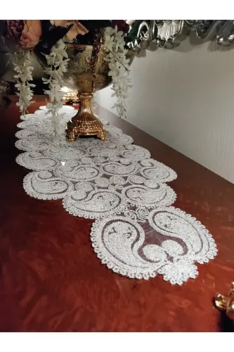 Damla 5 Pieces Luxury Runner Living Room Coffee Table Cover Set French Guipure Dowry Set Gold Tinsel-Tinsel - 4