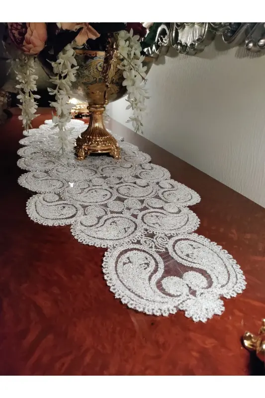 Damla 5 Pieces Luxury Runner Living Room Coffee Table Cover Set French Guipure Dowry Set Gold Tinsel-Tinsel - 4