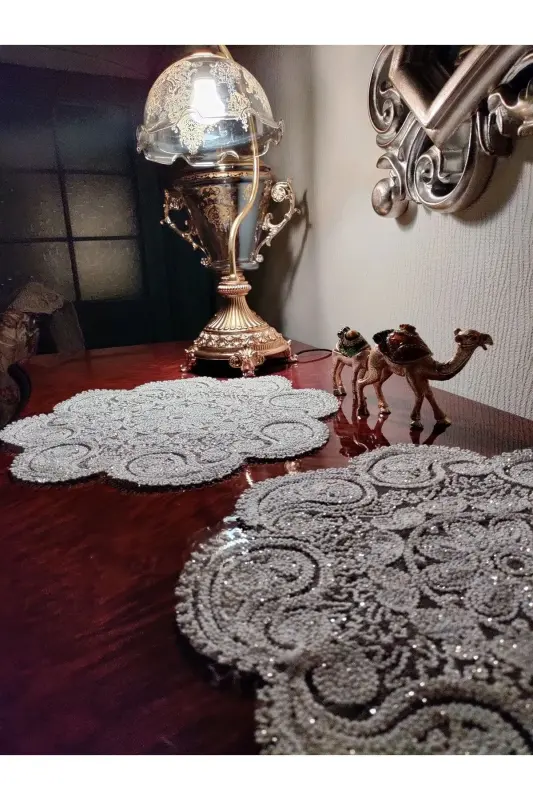 Damla 5 Pieces Luxury Runner Living Room Coffee Table Cover Set French Guipure Dowry Set Gold Tinsel-Tinsel - 8