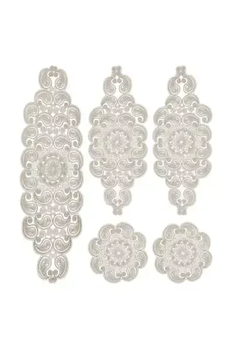 Damla 5 Pieces Luxury Runner Living Room Table Coffee Table Cover Set French Guipure Dowry Set Milk Coffee-Milk Coffee - 1