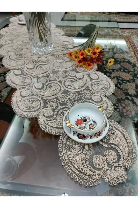 Damla 5 Pieces Luxury Runner Living Room Table Coffee Table Cover Set French Guipure Dowry Set Milk Coffee-Milk Coffee - 3
