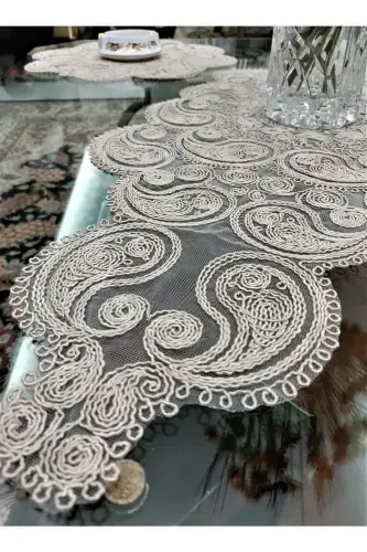 Damla 5 Pieces Luxury Runner Living Room Table Coffee Table Cover Set French Guipure Dowry Set Milk Coffee-Milk Coffee - 5