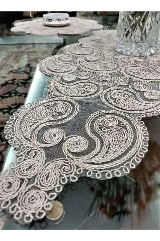 Damla 5 Pieces Luxury Runner Living Room Table Coffee Table Cover Set French Guipure Dowry Set Milk Coffee-Milk Coffee - 5