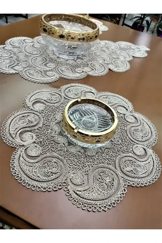 Damla 5 Pieces Luxury Runner Living Room Table Coffee Table Cover Set French Guipure Dowry Set Milk Coffee-Milk Coffee - 7