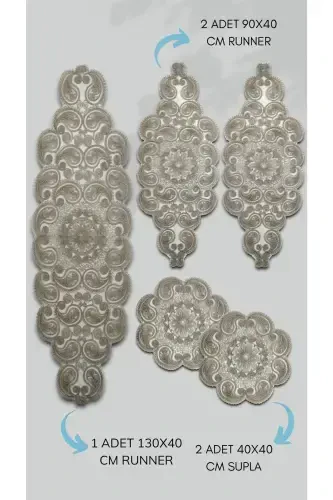 Damla 5 Pieces Luxury Runner Living Room Table Coffee Table Cover Set French Guipure Dowry Set Milk Coffee-Milk Coffee - 8