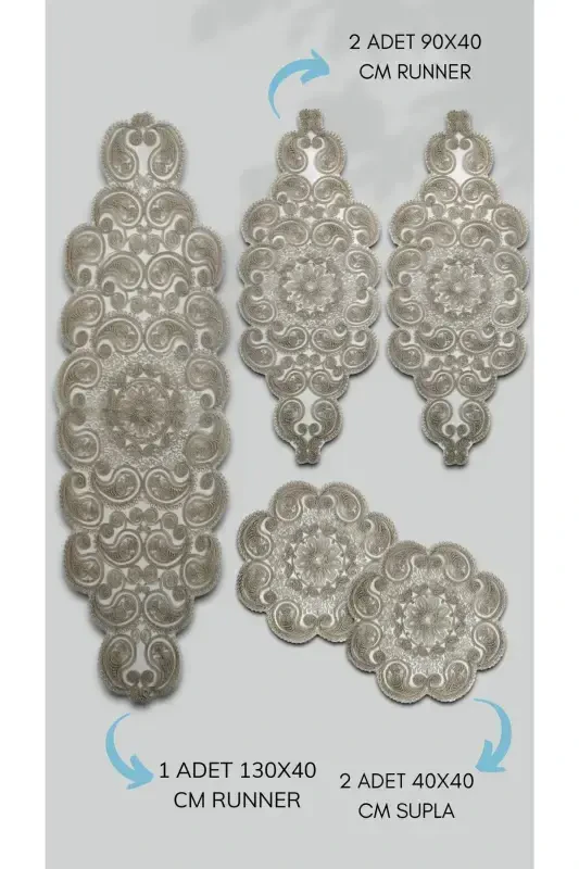 Damla 5 Pieces Luxury Runner Living Room Table Coffee Table Cover Set French Guipure Dowry Set Milk Coffee-Milk Coffee - 8