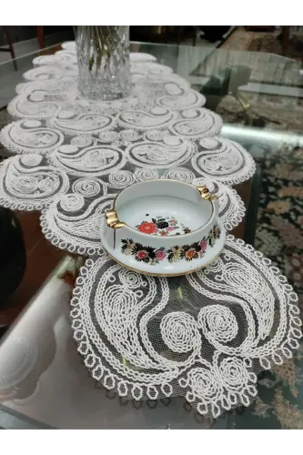 Damla 5 qismli hashamatli runner yashash xonasi choy stoli dasturxon to'plami fransuz gu'purli cho'ylik to'plami krem - 8
