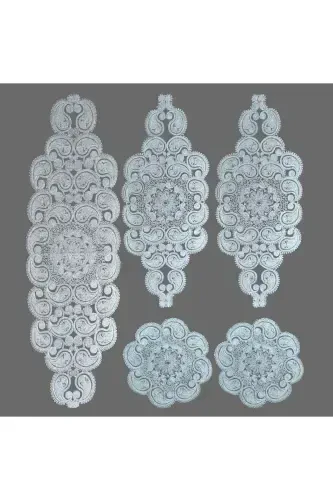 Damla 5 qismli hashamatli yuguruvchi zal xonasi stol usti stol choyshab to'plami Frantsuz gipürli sep to'plami Oltin Simli-Simli - 1