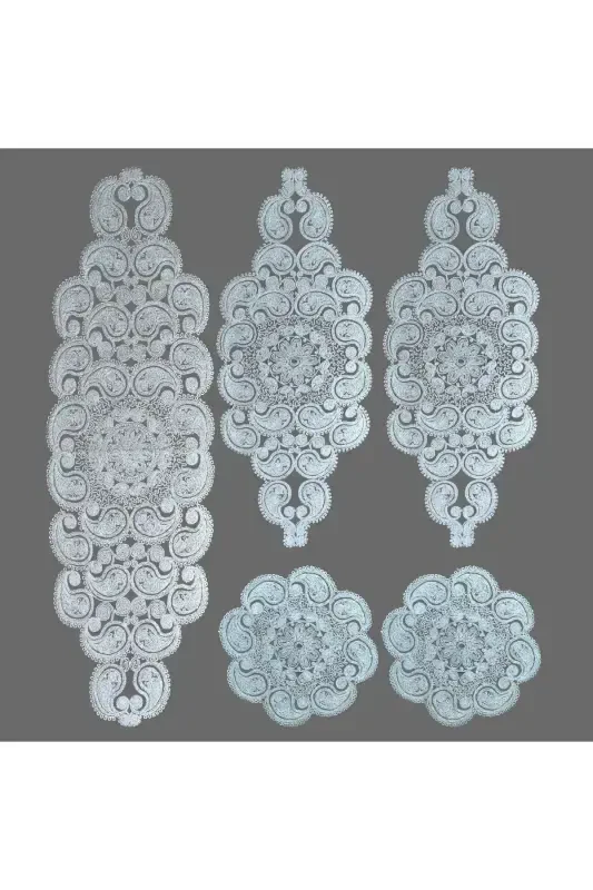 Damla 5 qismli hashamatli yuguruvchi zal xonasi stol usti stol choyshab to'plami Frantsuz gipürli sep to'plami Oltin Simli-Simli - 1