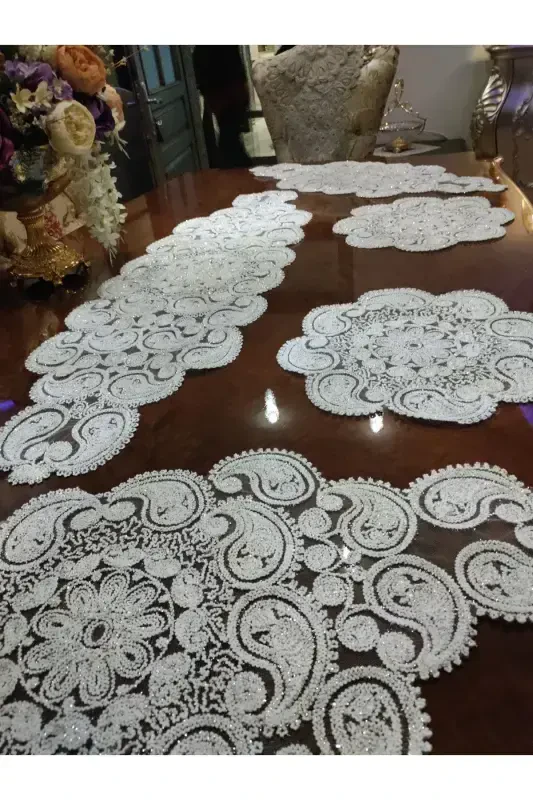 Damla 5 qismli hashamatli yuguruvchi zal xonasi stol usti stol choyshab to'plami Frantsuz gipürli sep to'plami Oltin Simli-Simli - 2