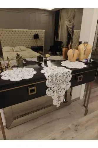 Damla 5 qismli hashamatli yuguruvchi zal xonasi stol usti stol choyshab to'plami Frantsuz gipürli sep to'plami Oltin Simli-Simli - 6