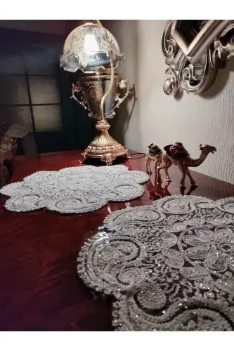 Damla 5 qismli hashamatli yuguruvchi zal xonasi stol usti stol choyshab to'plami Frantsuz gipürli sep to'plami Oltin Simli-Simli - 8