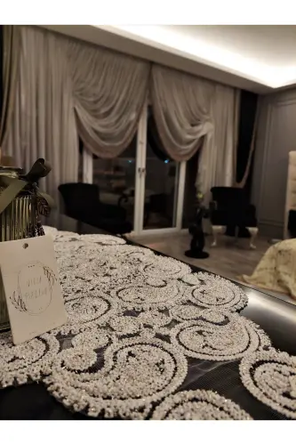Damla Lüks Runner Salon Oda Sehpa Masa Örtüsü Fransız Güpürlü Çeyizlik Gold Simli - Gold Simli - 3