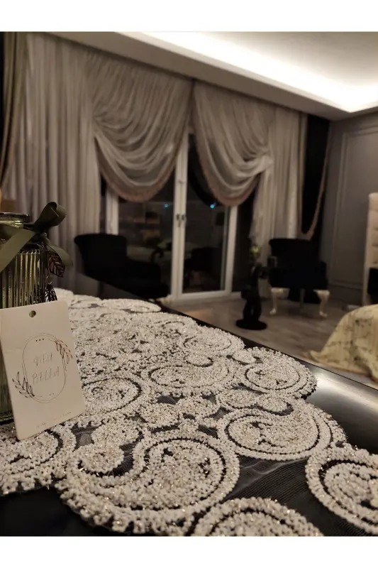Damla Lüks Runner Salon Oda Sehpa Masa Örtüsü Fransız Güpürlü Çeyizlik Gold Simli - Gold Simli - 3