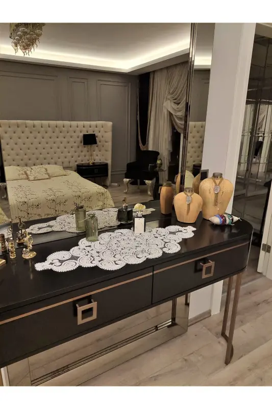 Damla Lüks Runner Salon Oda Sehpa Masa Örtüsü Fransız Güpürlü Çeyizlik Gold Simli - Gold Simli - 4