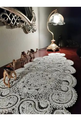Damla Lüks Runner Salon Oda Sehpa Masa Örtüsü Fransız Güpürlü Çeyizlik Gold Simli-Gold Simli - CAMİNHO DA LUA (1)