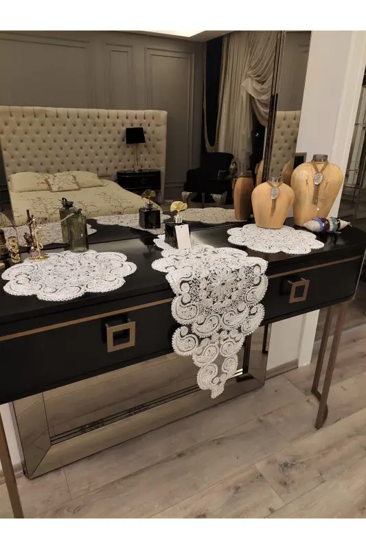 Damla Lüks Runner Salon Oda Sehpa Masa Örtüsü Fransız Güpürlü Çeyizlik Gold Simli-Gold Simli - 5