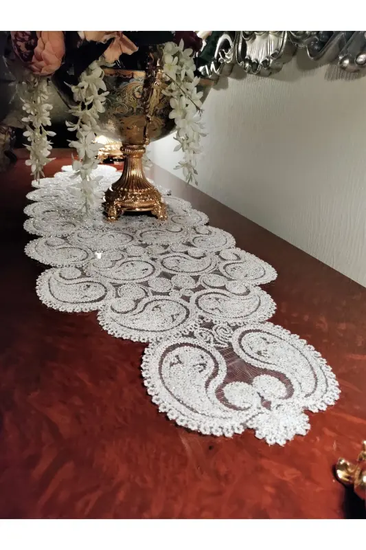 Damla Lüks Runner Salon Oda Sehpa Masa Örtüsü Fransız Güpürlü Çeyizlik Gold Simli-Gold Simli - 6