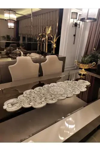 Damla Lüks Runner Salon Oda Sehpa Masa Örtüsü Fransız Güpürlü Çeyizlik Krem-Krem - CAMİNHO DA LUA (1)