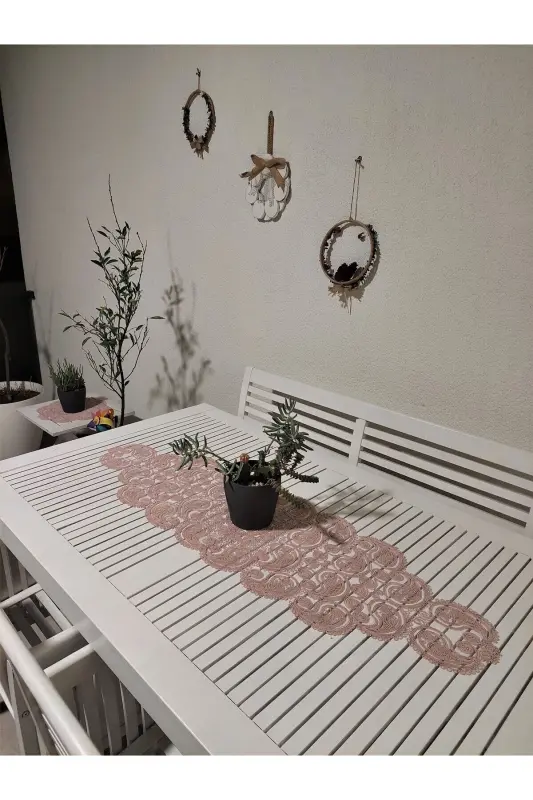 Damla Lüks Runner Salon Oda Sehpa Masa Örtüsü Fransız Güpürlü Çeyizlik Pudra-Pudra - 6