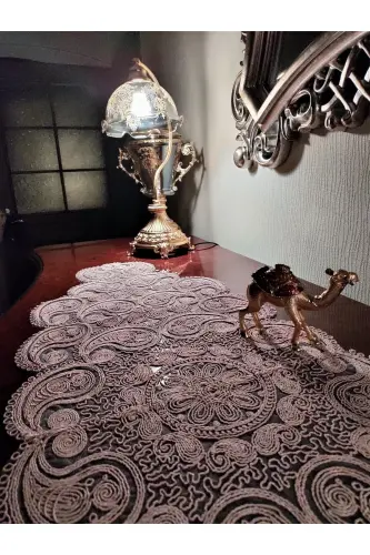 Damla Lüks Runner Salon Oda Sehpa Masa Örtüsü Fransız Güpürlü Çeyizlik Pudra-Pudra - 7