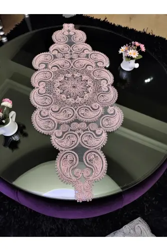 Damla Lüks Runner Salon Oda Sehpa Masa Örtüsü Fransız Güpürlü Çeyizlik Pudra-Pudra 