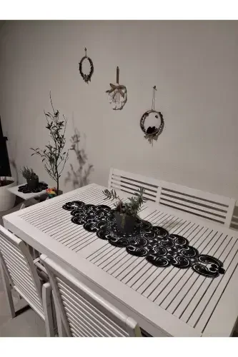 Damla Lüks Runner Salon Oda Sehpa Masa Örtüsü Fransız Güpürlü Çeyizlik Siyah-Siyah - 3