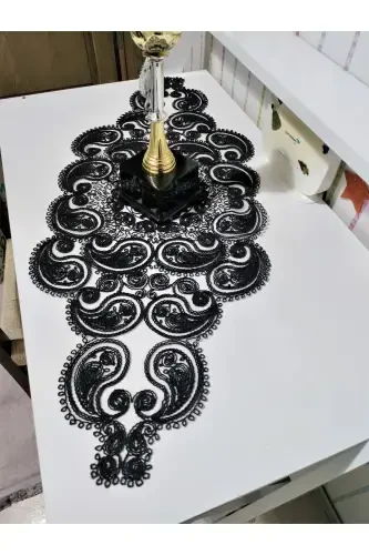 Damla Lüks Runner Salon Oda Sehpa Masa Örtüsü Fransız Güpürlü Çeyizlik Siyah-Siyah - 5