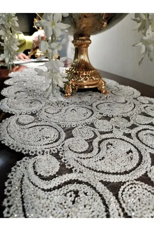 Damla Lüks Runner Salon Xona Choyxona Stol Dasturxoni Frantsuz Gipyurli Sep Gold Simli-Gold Simli - CAMİNHO DA LUA